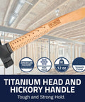 Ti64 Titanium Construction Grade Hammer With Tennessee Hickory Handle showcased in a construction site, smooth finish, USA-made