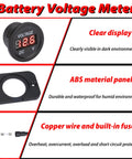 Battery Voltage Meter with clear LED display, ABS panel, and copper wire for protection. Straight Shooter DC 12V And 24V Digital Volt Gauge Meter Safeguard Your Vehicle Battery From Draining Smooth Operation Dashboard Mount Easy Hook Up Zero Hassle Engineered Excellence.