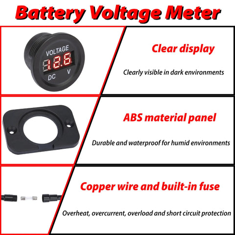 Battery Voltage Meter with clear LED display, ABS panel, and copper wire for protection. Straight Shooter DC 12V And 24V Digital Volt Gauge Meter Safeguard Your Vehicle Battery From Draining Smooth Operation Dashboard Mount Easy Hook Up Zero Hassle Engineered Excellence.
