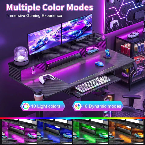 Image of an electric standing desk showcasing customizable RGB lighting, dual monitors, and gaming accessories, 48x24 inches.