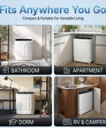 No Sweat Compact 13 Pound Twin Tub Washing Machine in bathroom, apartment, dorm, and RV setting, showcasing portability and size.
