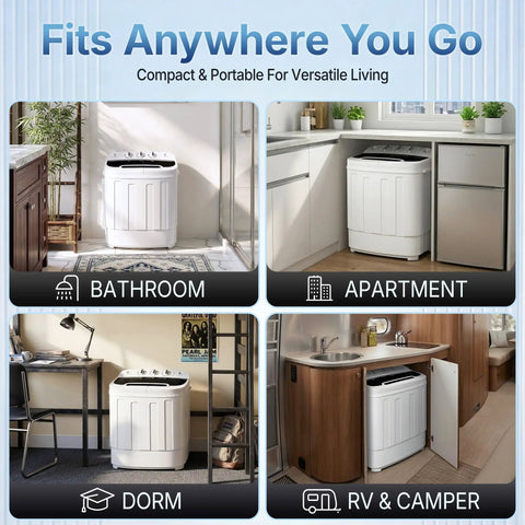 No Sweat Compact 13 Pound Twin Tub Washing Machine in bathroom, apartment, dorm, and RV setting, showcasing portability and size.