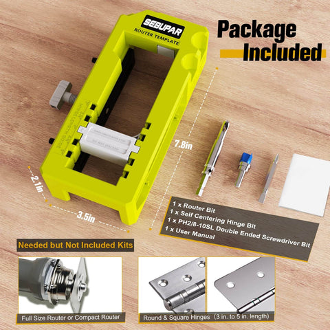Hinge Mortising Router Template Pro Grade For 3 To 5 Inch Hinges with included router bit and screwdriver, shown with dimensions.