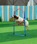 Dog jumping through hoop from Dog Agility Training Gear Set With Adjustable Hurdles And Extended Tunnel, 6 Weave Poles, Jump Ring