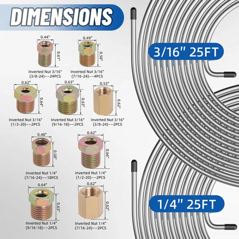 Garage Ready Heavy-Duty Zinc Coated Brake Line Tubing Kit with 25 ft 3/16 and 1/4 inch lines, sixty fittings displayed