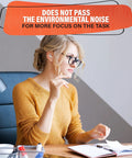 Woman using Reusable Sleep Ear Plugs With 40 dB Noise Reduction for Sleeping, premium silicone earplugs, at a desk.