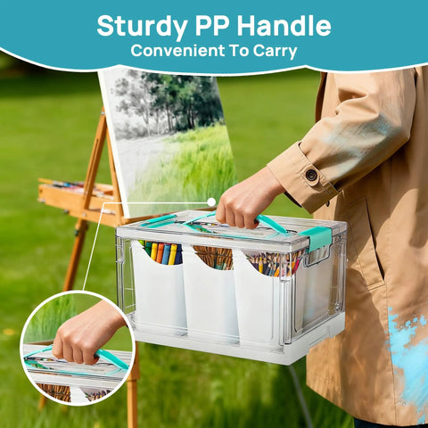 Person carrying a 24 Quart Clear Plastic Craft Organizer With Six Detachable Inserts For Art Supplies And Tools outdoors