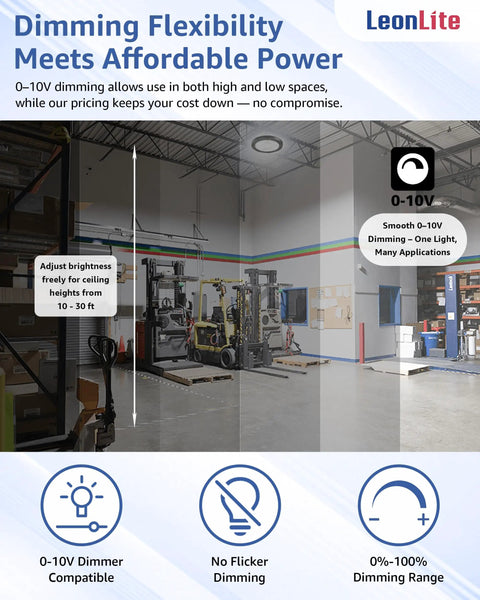 150W LED High Bay Light With 21,700 Lumens, 5000K Daylight, 0-10V Dimmable, UL Listed, 120-277V in warehouse setting