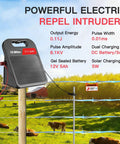 Rechargeable Fence Charger With 0.11J 10 Miles 8100V Max Output in a field showing solar panel and livestock protection