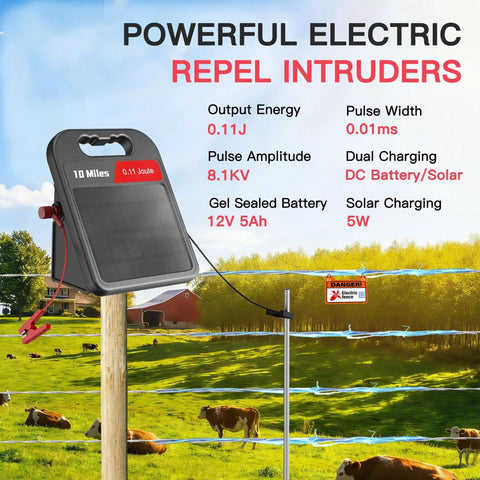 Rechargeable Fence Charger With 0.11J 10 Miles 8100V Max Output in a field showing solar panel and livestock protection