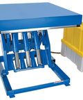 Rock Solid Welded Steel Electric Hydraulic Lift Table Featuring 48 By 48 Inch Platform And 12000 Pound Capacity with blue scissor lift design.