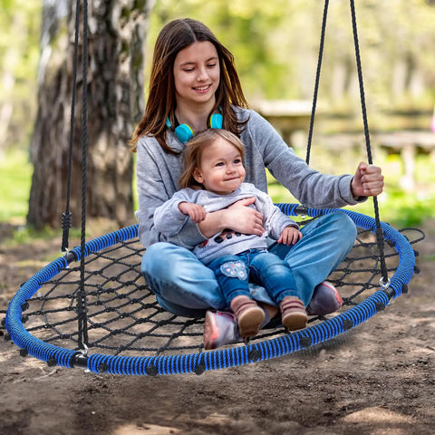 Girl and toddler sitting on Heavy Duty 45 Inch Spider Web Tree Swing For Kids And Adults Outdoor Steel Frame Saucer Net Swing