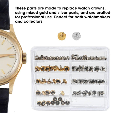 120 Piece Watch Crown Replacement Set Fits Calibre 3135 3235 3335 Waterproof Down Screw Copper Bronze Link Kit with Crowns and Tubes