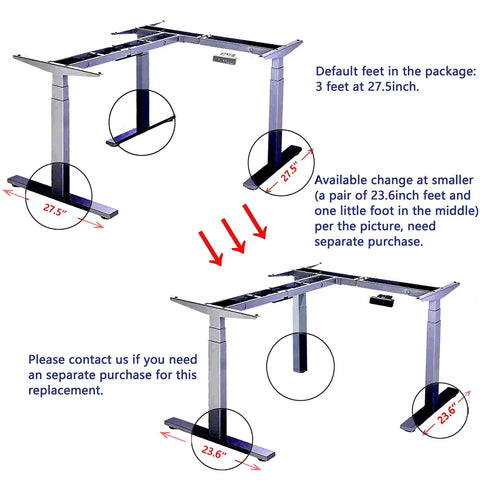 Vwine Vj301 L Shaped Electric Height Adjustable Standing Corner Desk Frame With Triple Motor Steel Base and Digital Memory Keypad showing foot height options.