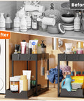 Smooth Pullout Under Sink Organizer Two Pack Heavy Duty Metal Rack For Kitchen And Bathroom Big Stack Zero Clutter Solid Setup Storage Game Changer In Black with organized cleaning supplies.