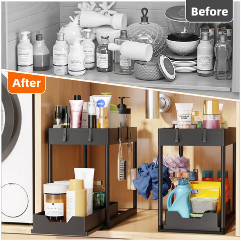 Smooth Pullout Under Sink Organizer Two Pack Heavy Duty Metal Rack For Kitchen And Bathroom Big Stack Zero Clutter Solid Setup Storage Game Changer In Black with organized cleaning supplies.