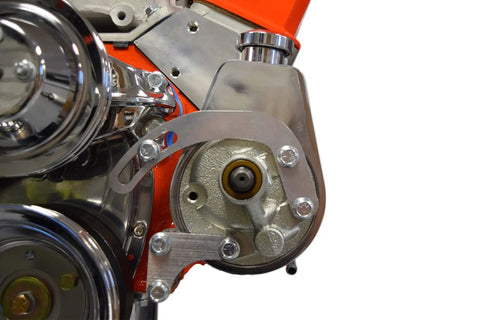 SBC Power Steering Pump Bracket In Billet Aluminum, Low Driver Side Mount, Slotted Arm, for 350 Small Block Chevy Long Water Pump