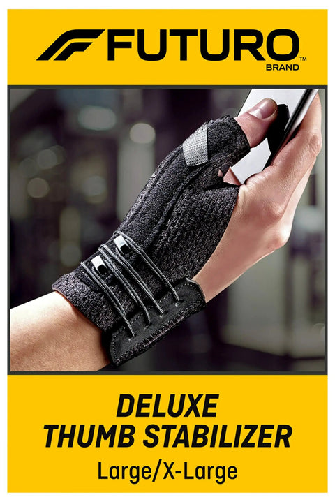 Deluxe Thumb Stabilizer For Strong, Comfy On The Go Support, Large/X-Large size on hand holding smartphone, black material.