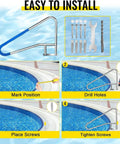 Easy installation steps for Heavy Duty Stainless Steel Pool Handrail 55 X 32 Inch Setup with labeled actions for secure fitting.