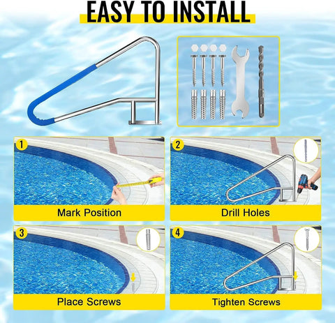 Easy installation steps for Heavy Duty Stainless Steel Pool Handrail 55 X 32 Inch Setup with labeled actions for secure fitting.