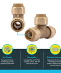 Push To Connect Brass Half Inch Tee Plumbing Fitting Pack Of 10 For PEX Copper CPVC PE-RT HDPE Pipelines Quick Install