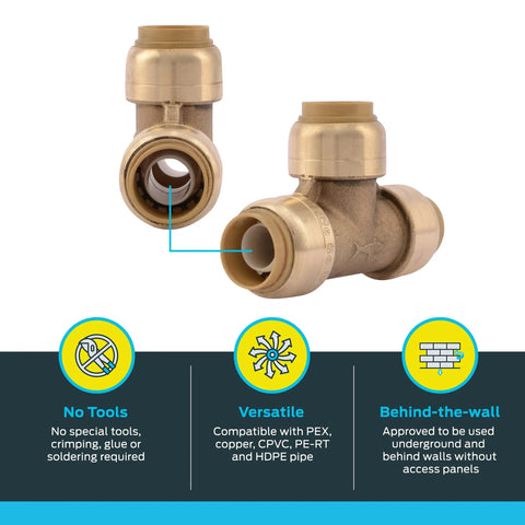 Push To Connect Brass Half Inch Tee Plumbing Fitting Pack Of 10 For PEX Copper CPVC PE-RT HDPE Pipelines Quick Install