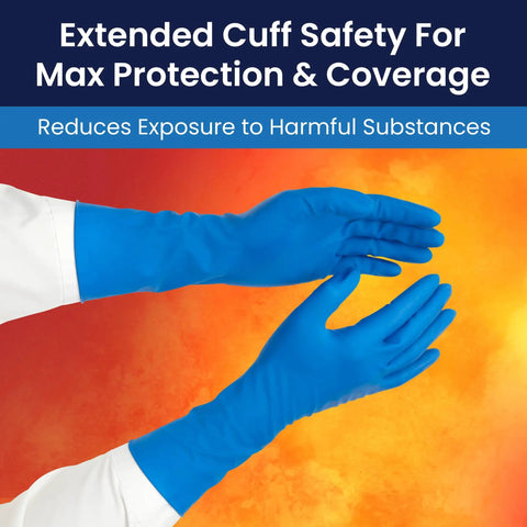 Heavy Duty 14 Mil Latex Exam Gloves Featuring Savage Micro Texture Grip And 12 Inch Extended Cuff Powder Free NFPA Approved Tactical Shield size XL blue gloves for maximum protection.
