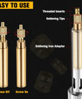 300 Pcs Threaded Inserts Kit For Plastic And 3D Printing Includes Metric Sizes M2 M2.5 M3 M4 M5 M6 And Quarter Twenty Knurled Brass Heat Set Inserts with welding adapters showing soldering iron adapter, threaded inserts, and soldering tips.