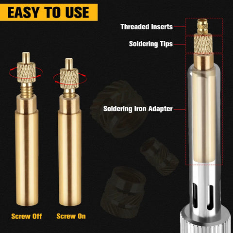 300 Pcs Threaded Inserts Kit For Plastic And 3D Printing Includes Metric Sizes M2 M2.5 M3 M4 M5 M6 And Quarter Twenty Knurled Brass Heat Set Inserts with welding adapters showing soldering iron adapter, threaded inserts, and soldering tips.