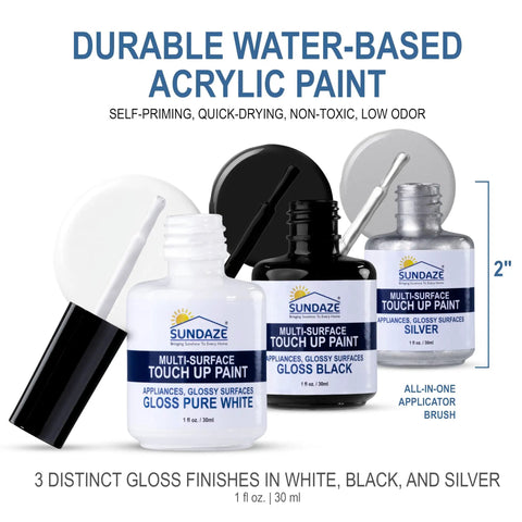 Gloss Appliance Touch Up Paint Kit With Three Color Auto Match White Black Silver For Stoves Refrigerators Washers Dryers Quick Fix For Scratches Chips And Stains with 1 oz bottles and applicator brush.