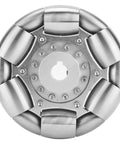 Close-up of a 100mm stainless steel omni wheel with six cylindrical rollers around a central hub.