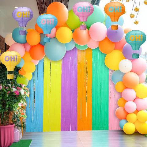 Pastel Grad Party Decorations Kit With 6 Printed Hot Air Balloon Paper Lanterns And 2 Tinsel Foil Fringe Curtains for celebration