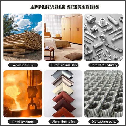 Image showing applicable scenarios: wood industry, furniture industry, hardware industry, metal smelting, aluminum alloy, die casting parts.