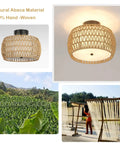 3 Light Boho Rattan Ceiling Light With Linen Fabric Shade Semi Flush Mount, handwoven rattan, natural abaca material.