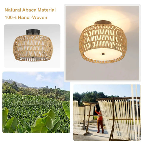 3 Light Boho Rattan Ceiling Light With Linen Fabric Shade Semi Flush Mount, handwoven rattan, natural abaca material.