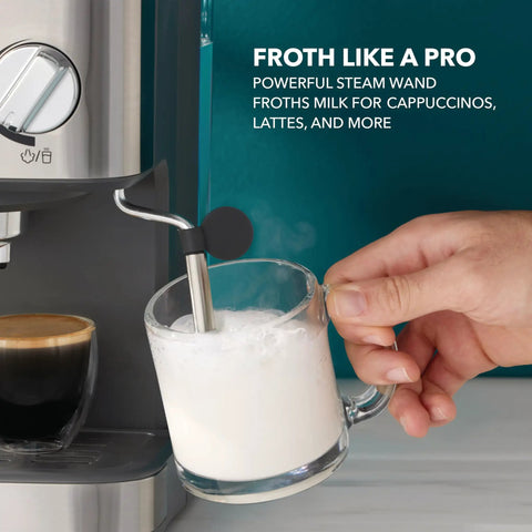 Compact Espresso Machine With 15 Bar Pump And Steam Wand Milk Frother Automatic Coffee Maker frothing milk for cappuccinos.