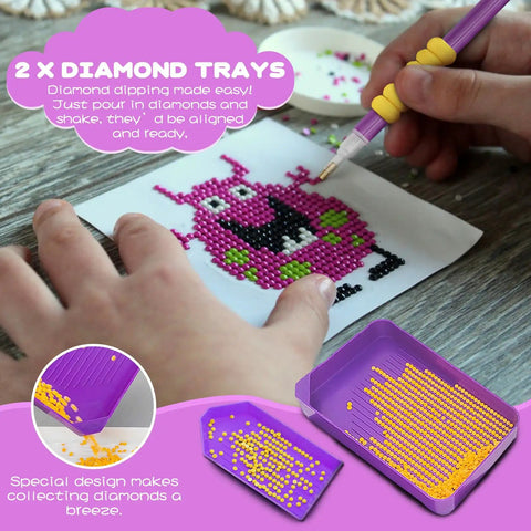 DIY Diamond Painting Tools And Accessories Kit 45 Piece Sweet Set For Kids And Adults with diamond trays and purple pen.