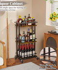 Slick Industrial 3 Tier Bar Cart With Smooth Rolling Wheels Antiqued Wood And Steel Liquor Cabinet with wine storage.