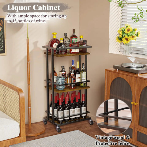 Slick Industrial 3 Tier Bar Cart With Smooth Rolling Wheels Antiqued Wood And Steel Liquor Cabinet with wine storage.
