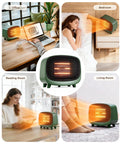 Compact 900W PTC space heater in use, demonstrating portability and efficacy in various home settings, Keep You Toasty Anywhere With This Compact Tabletop 900W PTC Space Heater For Indoor Use, Ultra Quiet Portable Heater With Two Heat Settings For Home Or Office, Energy Saving, All Green Safe Design.