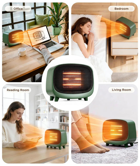 Compact 900W PTC space heater in use, demonstrating portability and efficacy in various home settings, Keep You Toasty Anywhere With This Compact Tabletop 900W PTC Space Heater For Indoor Use, Ultra Quiet Portable Heater With Two Heat Settings For Home Or Office, Energy Saving, All Green Safe Design.