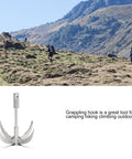 Grappling Hook With Four Claw Tips Beefy Heavy Duty Stainless Steel Carabiner shown with hikers in mountainous terrain.