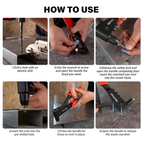 Step-by-step use guide for Heavy Duty Pop Rivet Gun Kit Workhorse With 120 Pieces Rivets And 4 Interchangeable Heads.