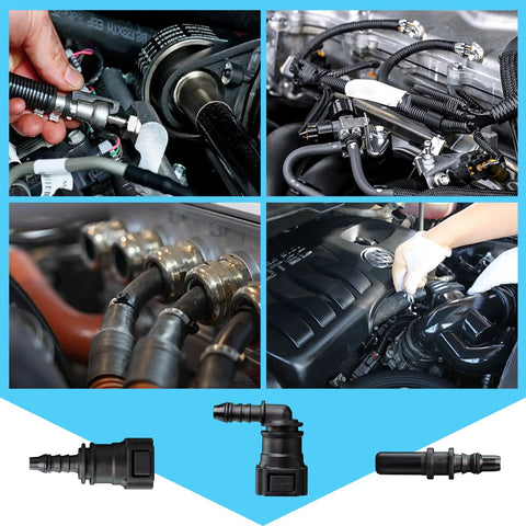Fuel Line Quick Connect Kit 24 Pcs Assorted Fittings Nylon Push On Release Hose Connectors 5/16 And 3/8 Inch 90 Degree Elbow Straight And Mini Straight Tubes For Gas Line Tubing, shown in various automotive applications.