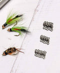 Micro Fly Fishing Swivels Go-To Stainless Steel Ball Bearing Barrels For Easy Tippet Changes And Leader Connector 10Lb To 30Lb Test Durable Tackle Accessories For Anglers, black swivels beside fly lures
