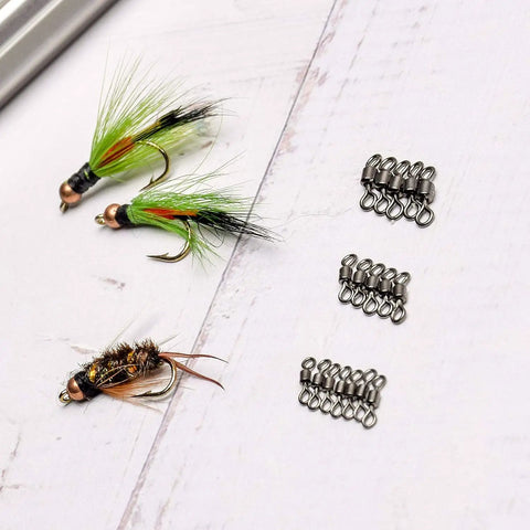 Micro Fly Fishing Swivels Go-To Stainless Steel Ball Bearing Barrels For Easy Tippet Changes And Leader Connector 10Lb To 30Lb Test Durable Tackle Accessories For Anglers, black swivels beside fly lures
