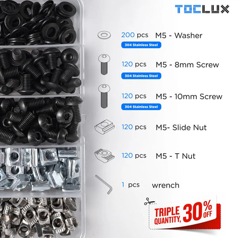 Built Like A Tank 680 Piece M5 T Nuts And Screws Kit For 20 Series Aluminum Extrusion with assorted screws and nuts.