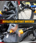 Hella Badass 3/8 Inch Air Ratchet Wrench Set With 1/2 Drive Adapter And Six Precision Sockets in use on tires and engine.