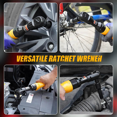 Hella Badass 3/8 Inch Air Ratchet Wrench Set With 1/2 Drive Adapter And Six Precision Sockets in use on tires and engine.