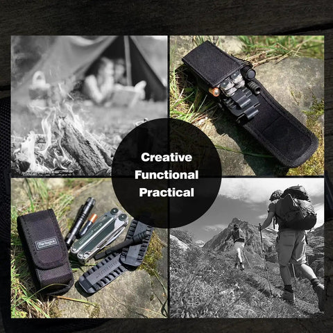 Collage of Magnetic Tool Sheath For Leatherman Fits Wave Plus Wingman Charge Surge Super Tool 300 Signal Free P2 P4 in action.